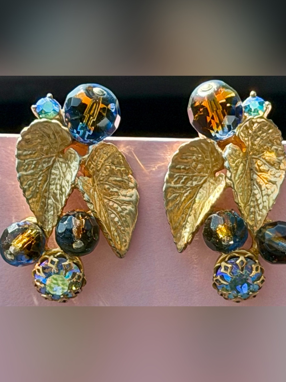 Rare Vintage Signed Schiaparelli Art Glass Leaf Clip-On Earrings Blue Aurora